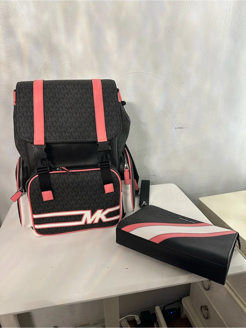 Michael Kors Black & Coral MK Monogram Backpack with Matching Pouch
